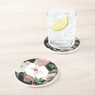 Waterverf Roze Zwart Pioenrozen Bloemen Bruiloft Zandsteen Onderzetter