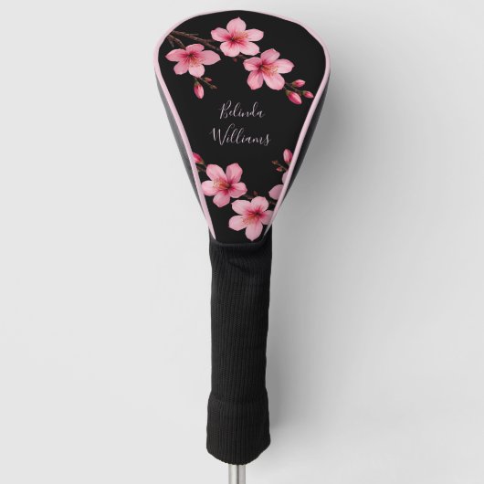 Waterverf Roze Zwarte Kersenbloesem Monogram Golfheadcover (Voorkant)