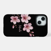 Waterverf Roze Zwarte Kersenbloesem Monogram iPhone 15 Case (Achterkant horizontaal)
