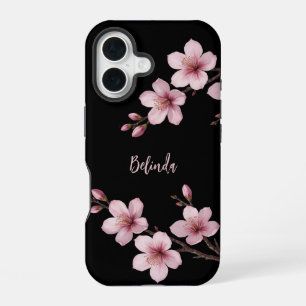 Waterverf Roze Zwarte Kersenbloesem Monogram iPhone 16 Hoesje
