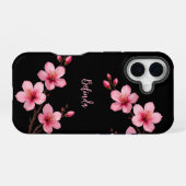 Waterverf Roze Zwarte Kersenbloesem Monogram iPhone 16 Hoesje (Achterkant horizontaal)