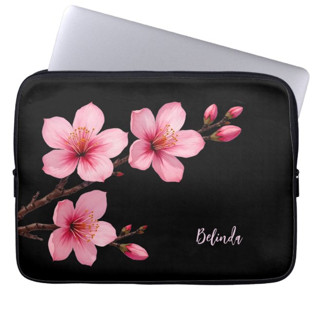Waterverf Roze Zwarte Kersenbloesem Monogram Laptop Sleeve (Voorkant)