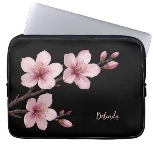 Waterverf Roze Zwarte Kersenbloesem Monogram Laptop Sleeve