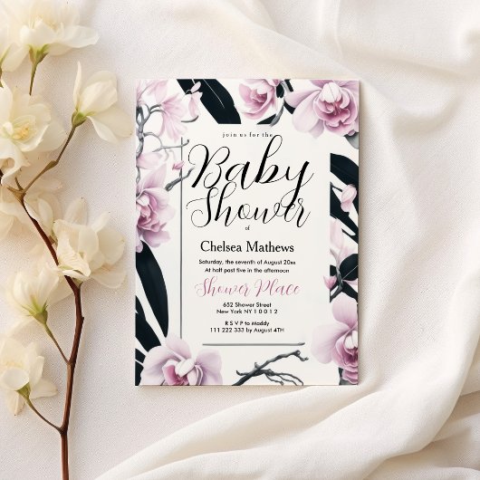 Waterverf roze zwarte orchidee bloem Baby shower Kaart