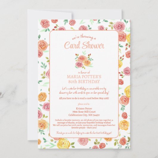 Waterverf Rozen 80th Birthday Kaart Shower (Voorkant)