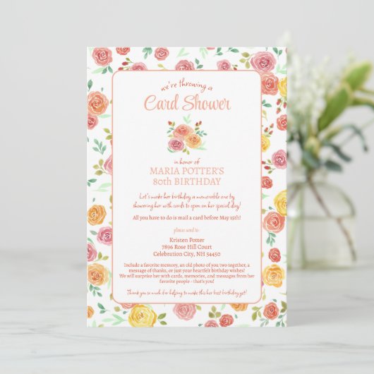 Waterverf Rozen 80th Birthday Kaart Shower (Staand voorkant)
