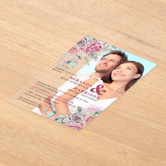 Waterverf Rozen Acryl Foto bruiloft uitnodiging (Laagn)