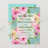 Waterverf Rozen Aqua Glitter Save the Date Briefkaart (Voorkant / Achterkant)