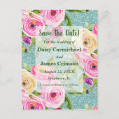 Waterverf Rozen Aqua Glitter Save the Date Briefkaart (Voorkant)