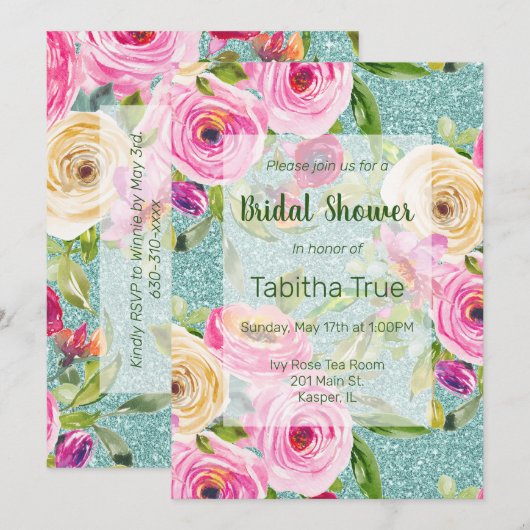 Waterverf Rozen Aqua Glitter Vrijgezellenfeest Kaart (Voorkant / Achterkant)