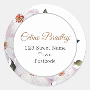 Waterverf Rozen Ballerina Floral Address Circle Ronde Sticker