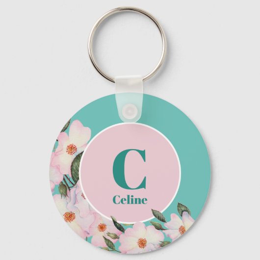 Waterverf Rozen Ballerina Floral Monogram Cirkel Sleutelhanger (Voorkant)