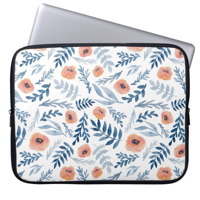Waterverf Rozen: Blauwe bladeren naadloos Laptop Sleeve (Voorkant)