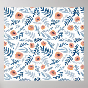 Waterverf Rozen: Blauwe bladeren naadloos Poster