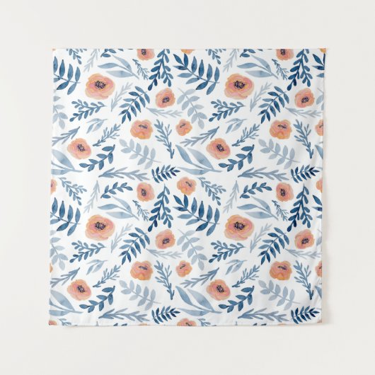 Waterverf Rozen: Blauwe bladeren naadloos Wandkleed (Voorkant)