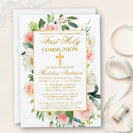 Waterverf Rozen bloemen Goud Eerste Communie Kaart