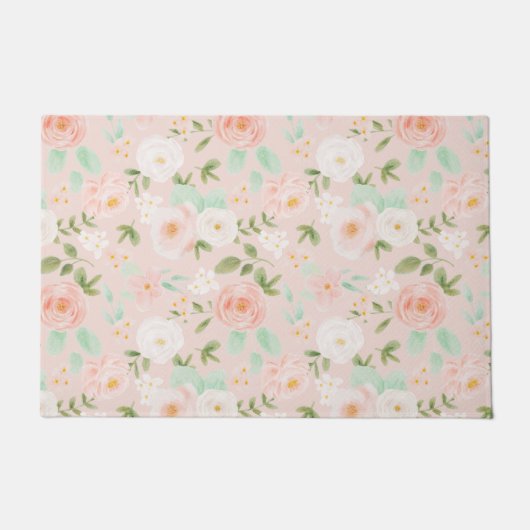Waterverf Rozen Bloemen in Roze en Perzik Deurmat (Voorkant)