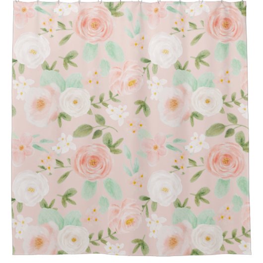 Waterverf Rozen Bloemen in Roze en Perzik Douchegordijn (Voorkant)