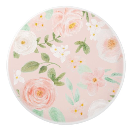 Waterverf Rozen Bloemen in Roze en Perzik Keramische Knop (Voorkant)