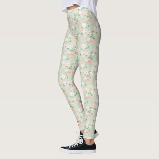 Waterverf Rozen Bloemen in Roze en Perzik Leggings (Links)