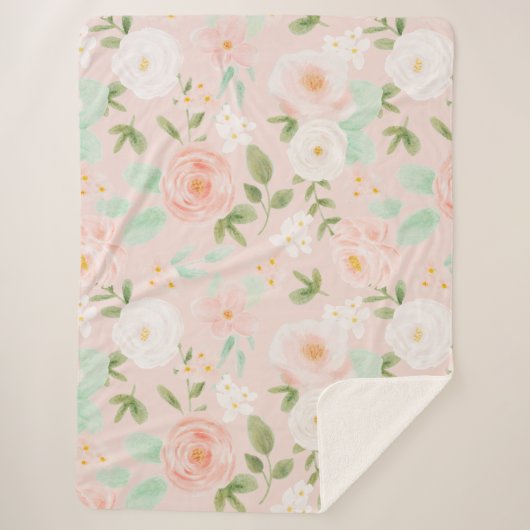 Waterverf Rozen Bloemen in Roze en Perzik Sherpa Deken (Voorkant)