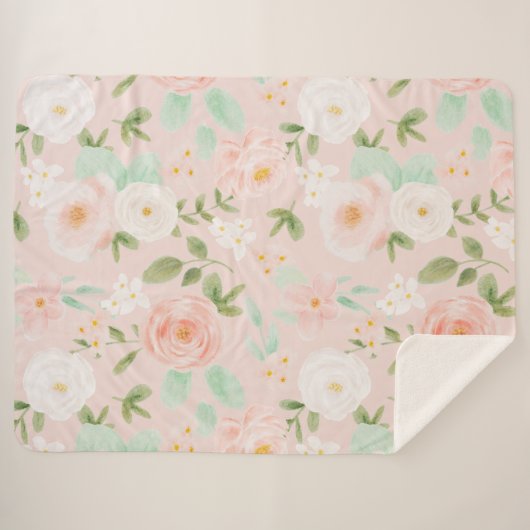 Waterverf Rozen Bloemen in Roze en Perzik Sherpa Deken (Voorkant (horizontaal))