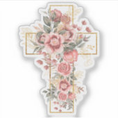 Waterverf Rozen Bloemen met Gouden Kruis Sticker (Voorkant)