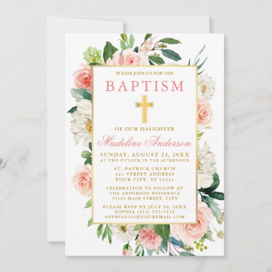 Waterverf Rozen Bloemen Roze Gold Baptisme Kaart (Voorkant)