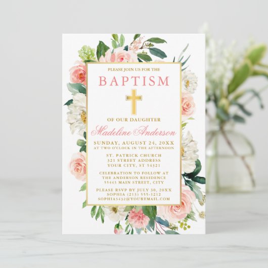 Waterverf Rozen Bloemen Roze Gold Baptisme Kaart (Staand voorkant)