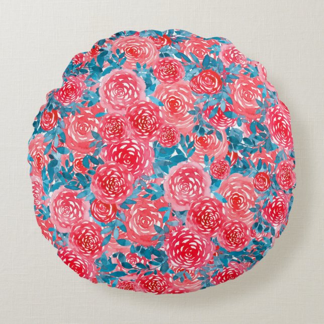 Waterverf Rozen Bloemen Tapestry Rond Kussen (Voorkant)