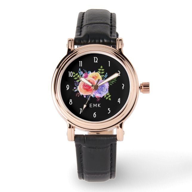 Waterverf Rozen Bloemenboeket op zwart Horloge (Voorkant)