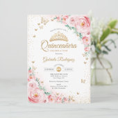 Waterverf Rozen Blush Pink Floral Quinceanera Kaart (Staand voorkant)