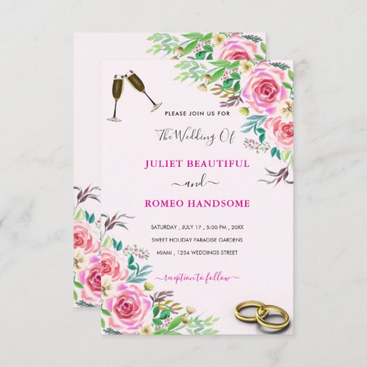 Waterverf Rozen bruiloft uitnodiging met ringen (Voorkant / Achterkant)