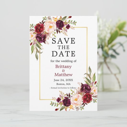 Waterverf Rozen Burgundy Gold Lijst sparen de datu Save The Date (Staand voorkant)