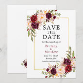Waterverf Rozen Burgundy Gold Lijst sparen de datu Save The Date (Voorkant / Achterkant)