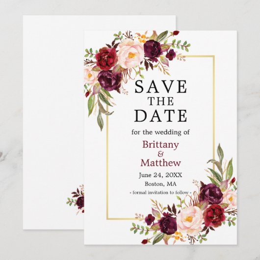 Waterverf Rozen Burgundy Gold Lijst sparen de datu Save The Date (Voorkant / Achterkant)