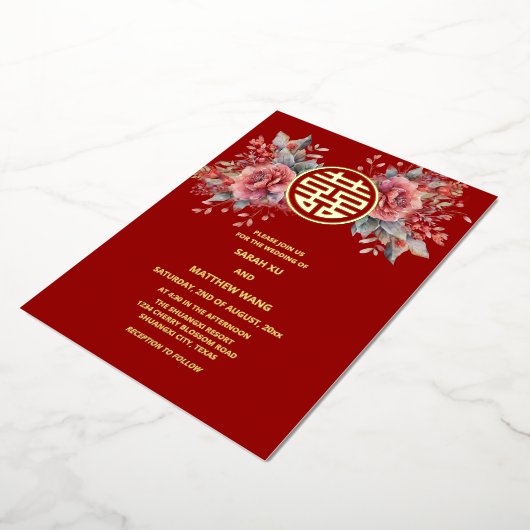 Waterverf Rozen Chinees huwelijk Folie Uitnodiging (Gedraaid)