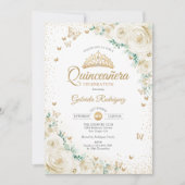 Waterverf Rozen Crème Goud Bloemen Quinceanera Kaart (Voorkant)