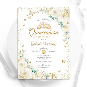 Waterverf Rozen Crème Goud Bloemen Quinceanera Kaart