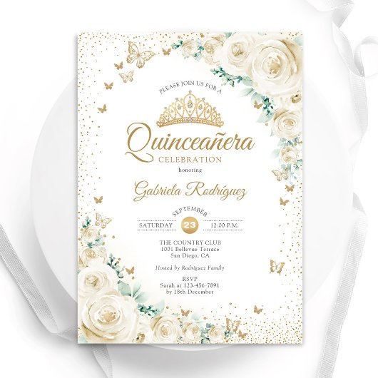 Waterverf Rozen Crème Goud Bloemen Quinceanera Kaart