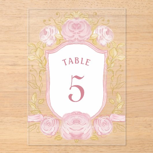 Waterverf Rozen Crest Acryl Tabel Nummer Uitnodigingen (Voorkant)