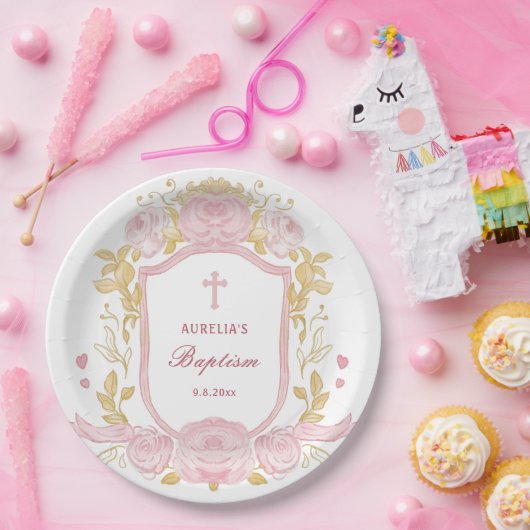 Waterverf Rozen Crest Doop Papieren Bordje (Feest)