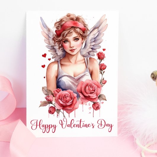 Waterverf Rozen Cupido Happy Valentijnsdag Kaart