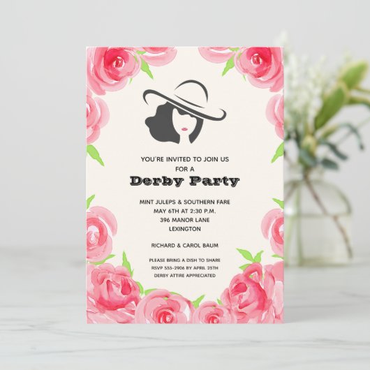 Waterverf Rozen Derby Party Kaart (Staand voorkant)