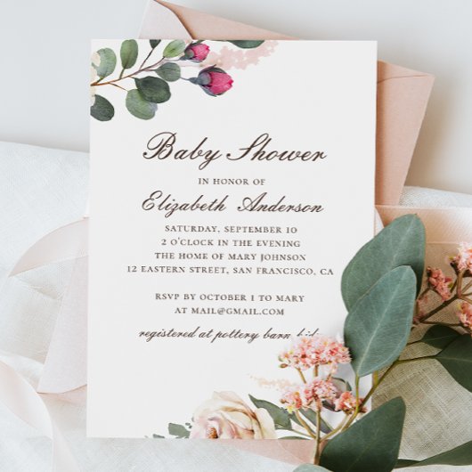 Waterverf rozen. Elegant floral baby shower Kaart