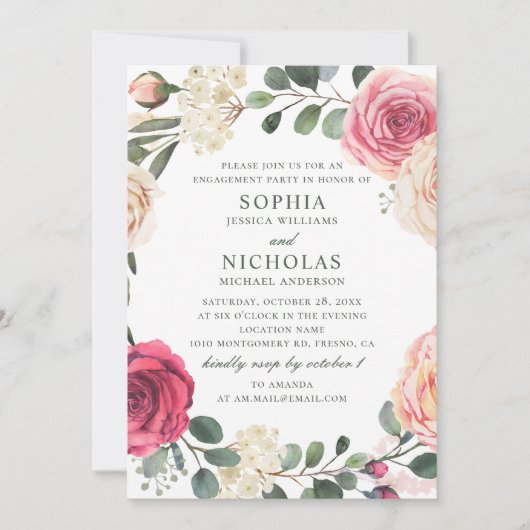 Waterverf rozen. Elegante bloemenverlovingsfeest Kaart (Voorkant)