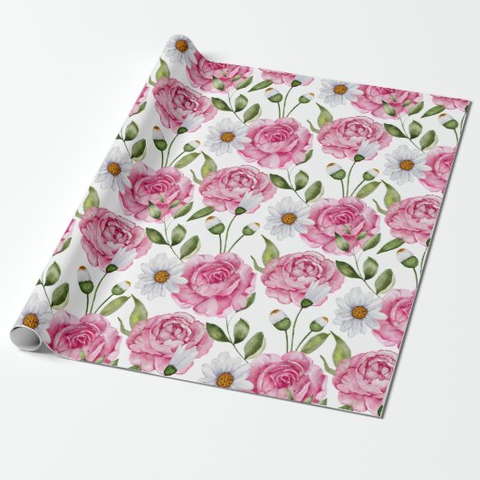 Waterverf Rozen en Daisy Flowers Cadeaupapier (Uitgerold)