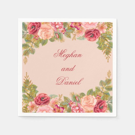 Waterverf Rozen en Glitter Wedding Napkins Servet (Voorkant)