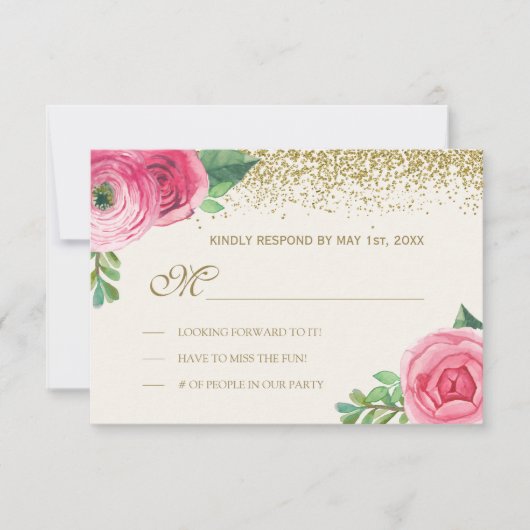 Waterverf Rozen en Glitter Wedding RSVP Kaartje (Voorkant)