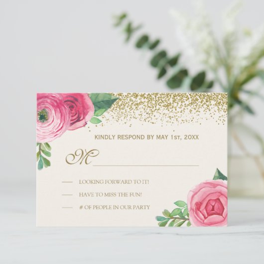 Waterverf Rozen en Glitter Wedding RSVP Kaartje (Staand voorkant)